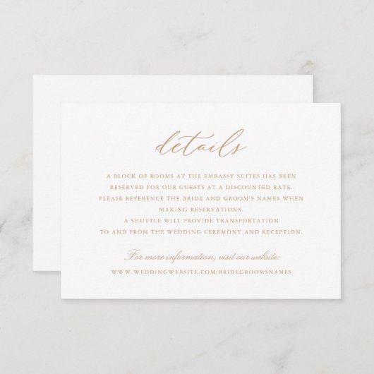 Elegantes Calligrafy Script Gold Wedding Details Einladung (Vorne/Hinten)