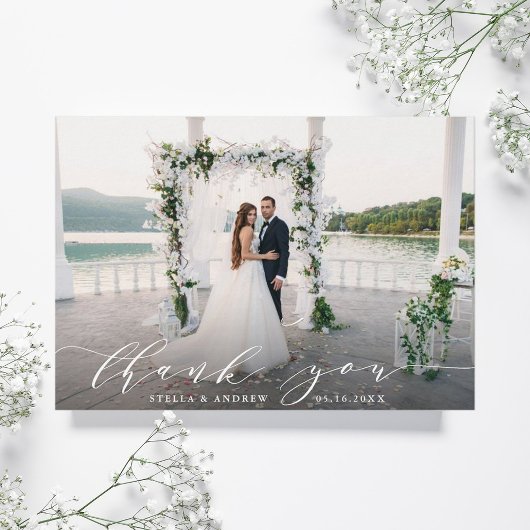 Elegantes Calligrafy Wedding Foto Danke Karte