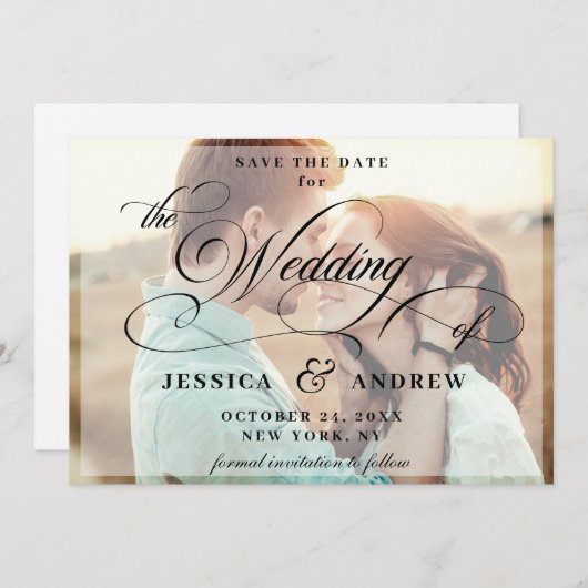 Elegantes Calligrafy Wedding FOTO Save the Date (Vorne/Hinten)