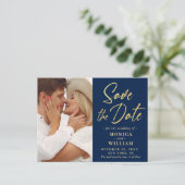 Elegantes Calligrafy Wedding FOTO Save the Date Postkarte (Stehend Vorderseite)