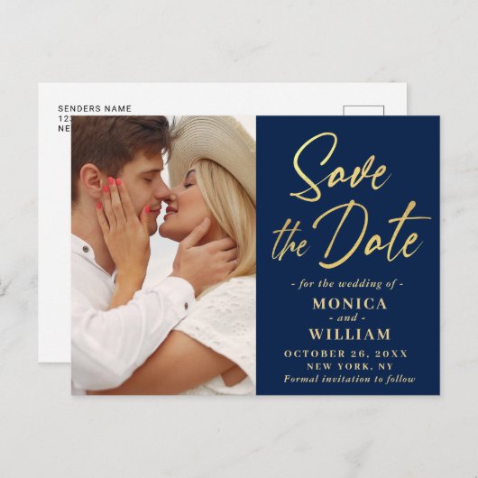 Elegantes Calligrafy Wedding FOTO Save the Date Postkarte (Vorne/Hinten)