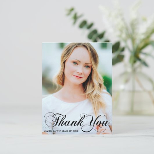 Elegantes Calligraphy Abschluss Foto Vielen Dank Postkarte (Stehend Vorderseite)