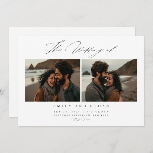 Elegantes Calligraphy Beach Foto QR Code Wedding Einladung (Vorne/Hinten)