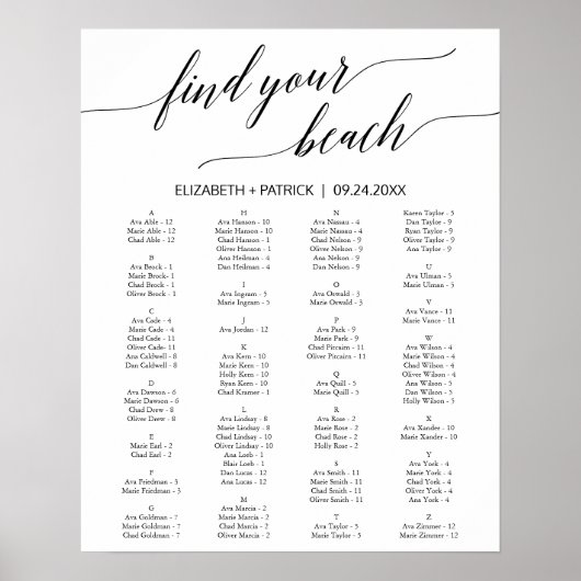 Elegantes Calligraphy Beach Theme Seating Chart Poster (Vorne)