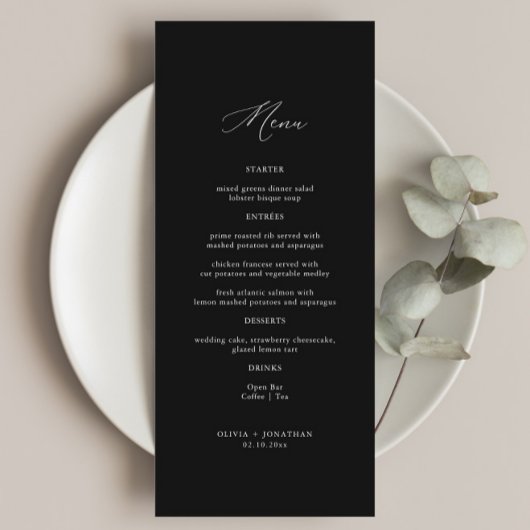 Elegantes Calligraphy Black Wedding Menu Menükarte
