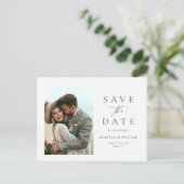 Elegantes Calligraphy Blue Foto Save the Date Postkarte (Stehend Vorderseite)