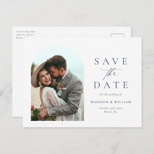 Elegantes Calligraphy Blue Foto Save the Date Postkarte (Vorne/Hinten)