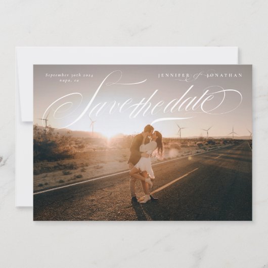 Elegantes Calligraphy Classic QR Code Zwei Foto Save The Date (Vorderseite)