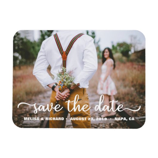 Elegantes Calligraphy Couple Foto Save the Date Magnet (Horizontal)