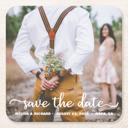 Elegantes Calligraphy Couple Foto Save the Date Rechteckiger Pappuntersetzer (Vorderseite)