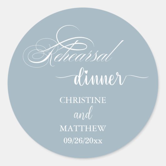 Elegantes Calligraphy Dusty Blue Probe Dinner Runder Aufkleber (Vorderseite)