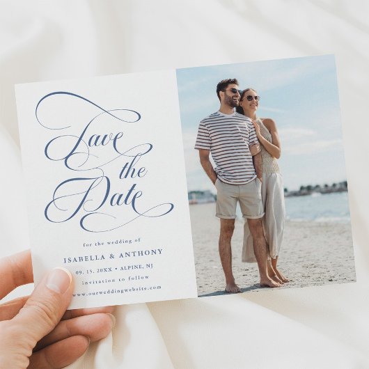 Elegantes Calligraphy Dusty Blue Wedding Foto Save The Date