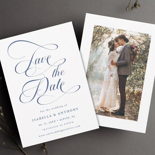 Elegantes Calligraphy Dusty Blue Wedding Foto Save The Date