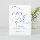 Elegantes Calligraphy Dusty Blue Wedding Foto Save The Date (Stehend Vorderseite)