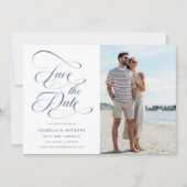 Elegantes Calligraphy Dusty Blue Wedding Foto Save The Date (Vorderseite)
