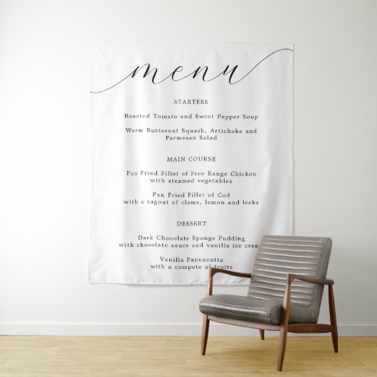 Elegantes Calligraphy Fabric Wedding Menu Wandteppich (Beispiel)
