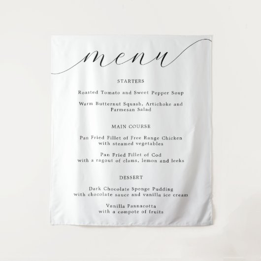 Elegantes Calligraphy Fabric Wedding Menu Wandteppich (Vorderseite)