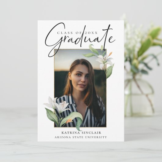 Elegantes Calligraphy Floral Abschluss Foto Ankündigung (Stehend Vorderseite)