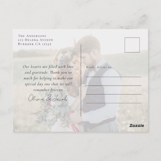 Elegantes Calligraphy Foto Wedding Vielen Dank Postkarte (Rückseite)