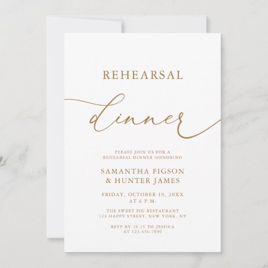 Elegantes Calligraphy Gold Wedding Probe Dinner Einladung (Vorderseite)