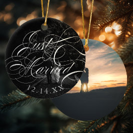 Elegantes Calligraphy Just Married Wedding Foto Keramik Ornament