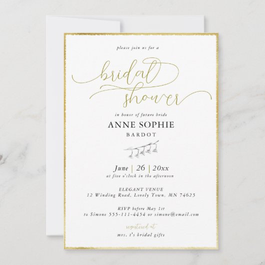 Elegantes Calligraphy Lily Valley Gold Brautparty Einladung (Vorderseite)