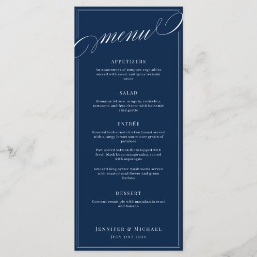 Elegantes Calligraphy Navy Blue Classic Wedding Me Menükarte (Vorderseite)