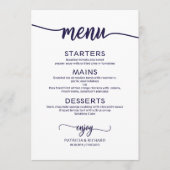 Elegantes Calligraphy Navy Blue Script Wedding Men Menükarte (Vorderseite)