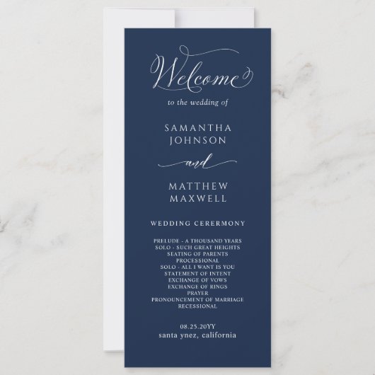 Elegantes Calligraphy Navy Blue Wedding Program (Vorderseite)