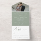 Elegantes Calligraphy Sage Green Foto Hochzeit All In One Einladung (Innen Boden)