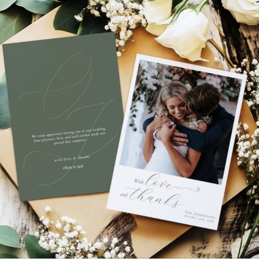 Elegantes Calligraphy Sage Green Heart Wedding Fot Dankeskarte