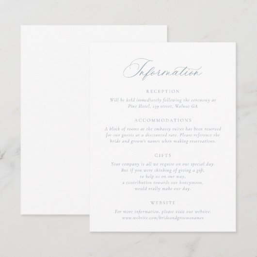 Elegantes Calligraphy Script Blue Wedding Details Einladung (Vorne/Hinten)