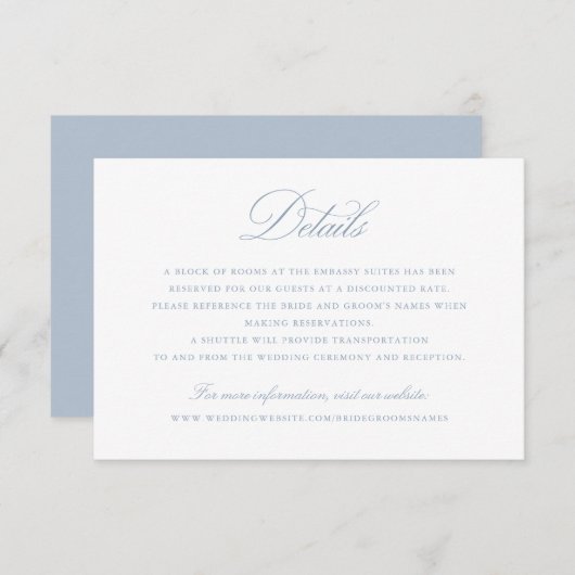 Elegantes Calligraphy Script Blue Wedding Details Einladung (Vorne/Hinten)