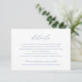 Elegantes Calligraphy Script Blue Wedding Details Einladung (Stehend Vorderseite)
