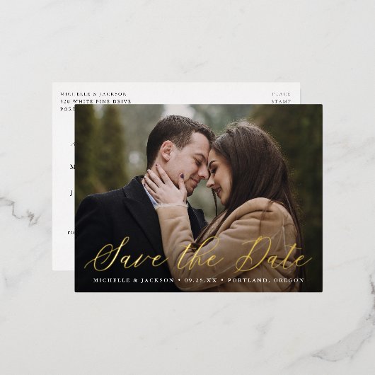 Elegantes Calligraphy Script-Foto Save the Date Folie Einladungspostkarte (Vorderseite/Rückseite)