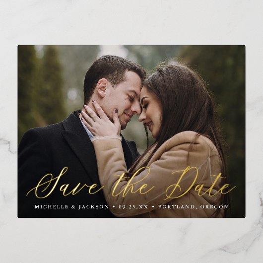 Elegantes Calligraphy Script-Foto Save the Date Folie Einladungspostkarte (Vorderseite)