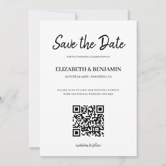 Elegantes Calligraphy Script QR Code Foto Rette Save The Date (Vorderseite)