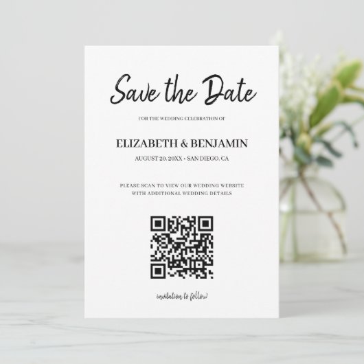 Elegantes Calligraphy Script QR Code Foto Rette Save The Date (Stehend Vorderseite)
