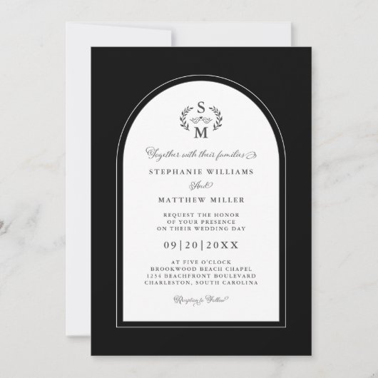 Elegantes Calligraphy Wappen Arch Wedding Schwarz- Einladung (Vorderseite)