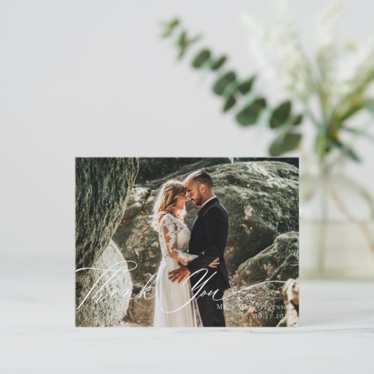 Elegantes Calligraphy Wedding Foto Vielen Dank Postkarte (Stehend Vorderseite)