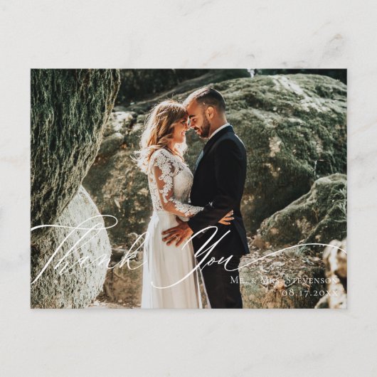 Elegantes Calligraphy Wedding Foto Vielen Dank Postkarte (Vorderseite)