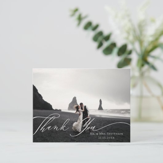 Elegantes Calligraphy Wedding Foto Vielen Dank Postkarte (Stehend Vorderseite)
