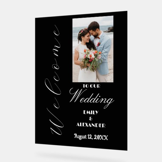 Elegantes Calligraphy Wedding Foto Willkommen Acrylschild (Winkel)