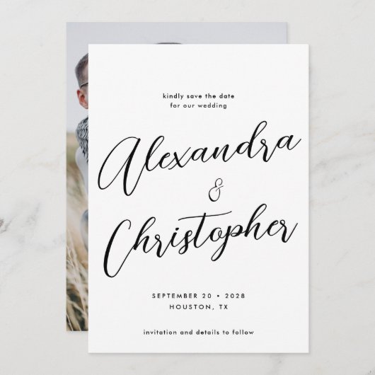 Elegantes Calligraphy Wedding Verlobung Foto Save The Date (Vorne/Hinten)