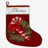 Elegantes Candy Cane Red Ribbon Custom Monogram Großer Weihnachtsstrumpf (Vorderseite)