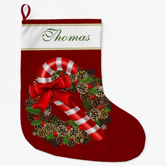 Elegantes Candy Cane Red Ribbon Custom Monogram Großer Weihnachtsstrumpf (Vorderseite)