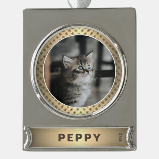 Elegantes Cat Foto Golden Metallic Banner-Ornament Silber (Vorderseite)
