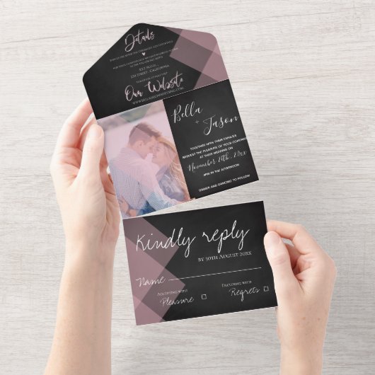 Elegantes Chalkboard Pastel Monogram Foto Hochzeit All In One Einladung (Abreißtisch)