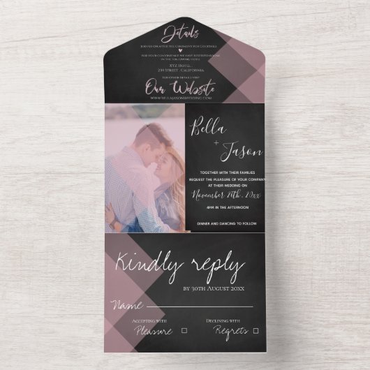 Elegantes Chalkboard Pastel Monogram Foto Hochzeit All In One Einladung (Innen)