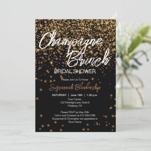 Elegantes Champagne Brunch Brautparty Gold Bokeh Einladung (Stehend Vorderseite)
